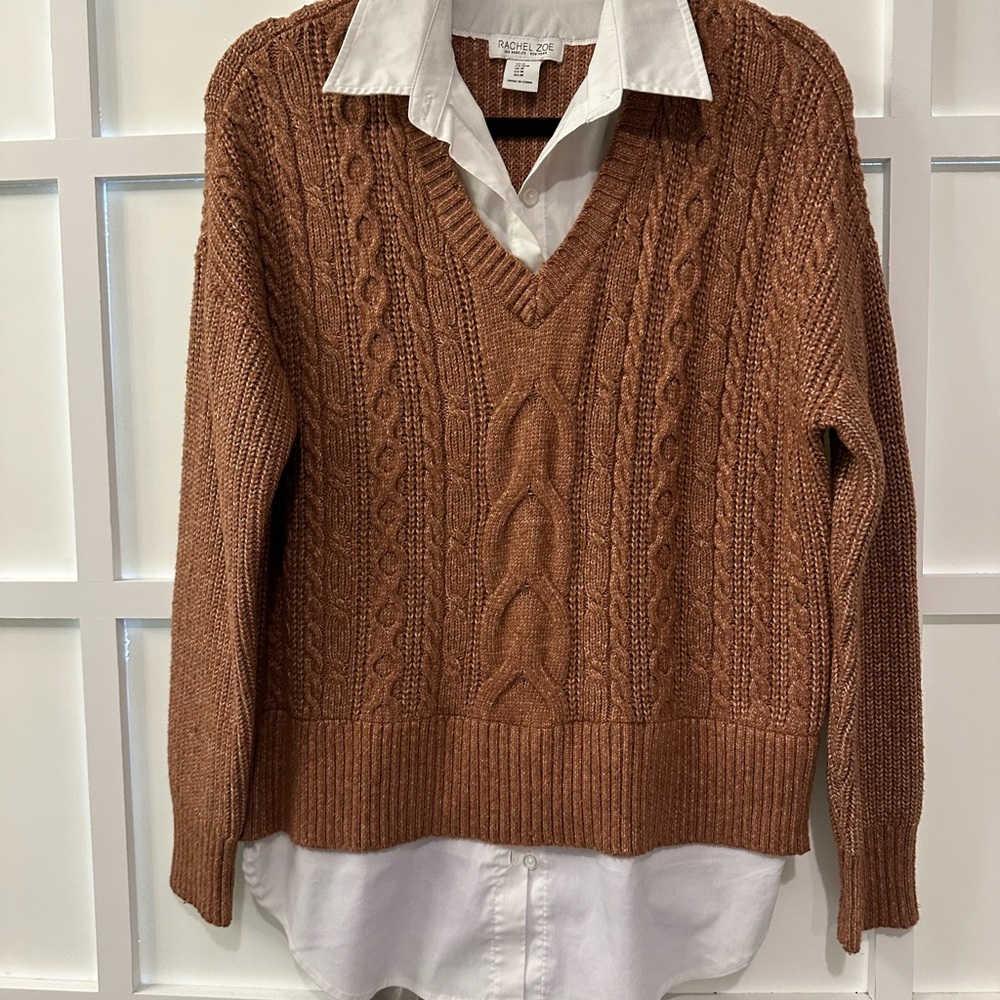 Rachel Zoe V-Neck Brown Cable Knit Sweater